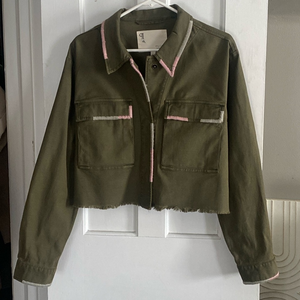 Anthropologie Moss Green Cropped Jacket With Pink & Sage Embroidered Detailing